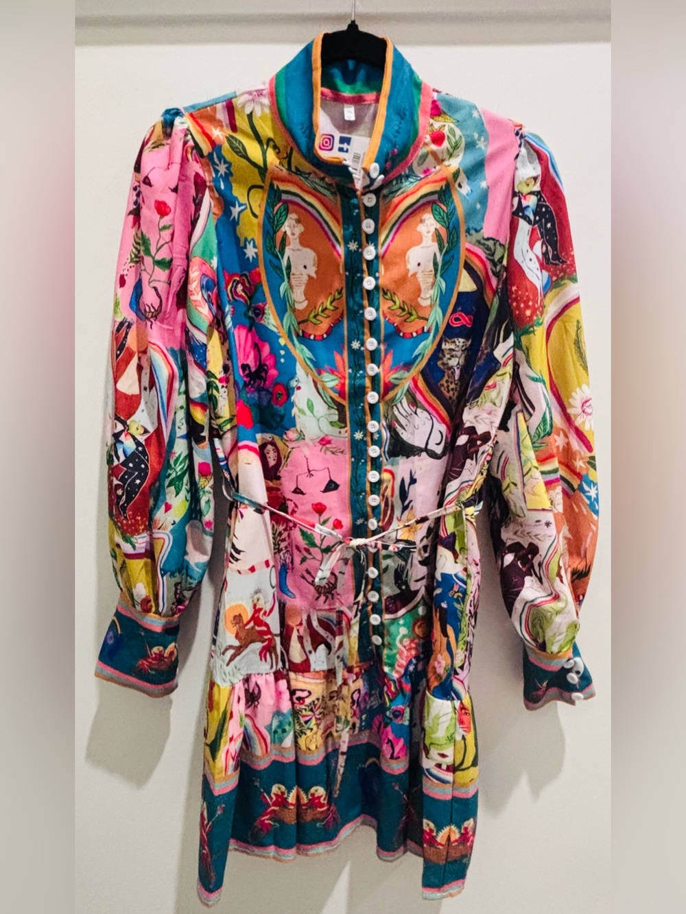Multicolor Patchwork Mini Dress with Teal and Pink Accents - Picture 2 of 7